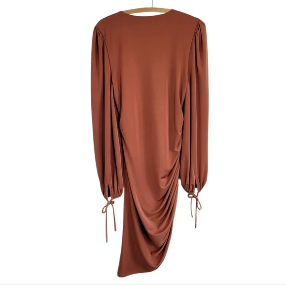 LOVERS and FRIENDS Suki Cinnamon Rust Ruched Puff Sleeve Asymmetrical Dress L - Picture 5 of 9